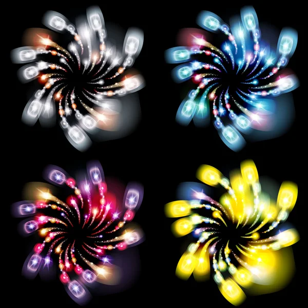 黒を基調とした背景抽象的なベクトル分離イラストをセットした様々な形状の輝くピクトグラムで包まれたお祭り模様の花火 — ストックベクタ