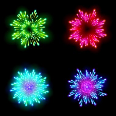 Çeşitli şekillerde patlayan şenlikli havai fişekler siyah arkaplan izole edilmiş vektör illüstrasyonuna karşı ışıltılı resimler sergiliyor.