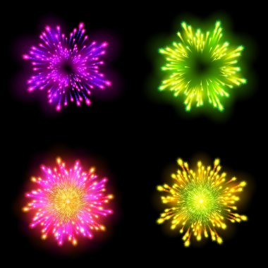 Çeşitli şekillerde patlayan şenlikli havai fişekler siyah arkaplan izole edilmiş vektör illüstrasyonuna karşı ışıltılı resimler sergiliyor.