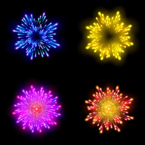 Focuri de artificii cu model festiv care explodează în diferite forme pictograme spumante setate pe fundal negru vector abstract ilustrație izolată — Vector de stoc