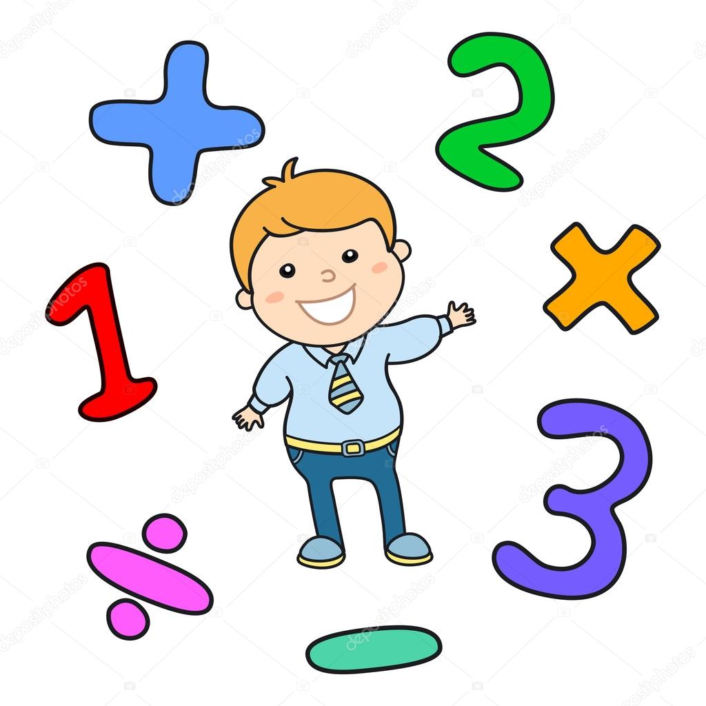 Cartoon style math learning game illustration. Mathematical arithmetic logic operator symbols icon set. Template for school teacher educational usage. Cute boy student character. Calculation lesson.