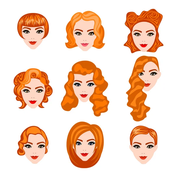 设置不同的发型。红发女郎。手绘插画 — 图库矢量图片