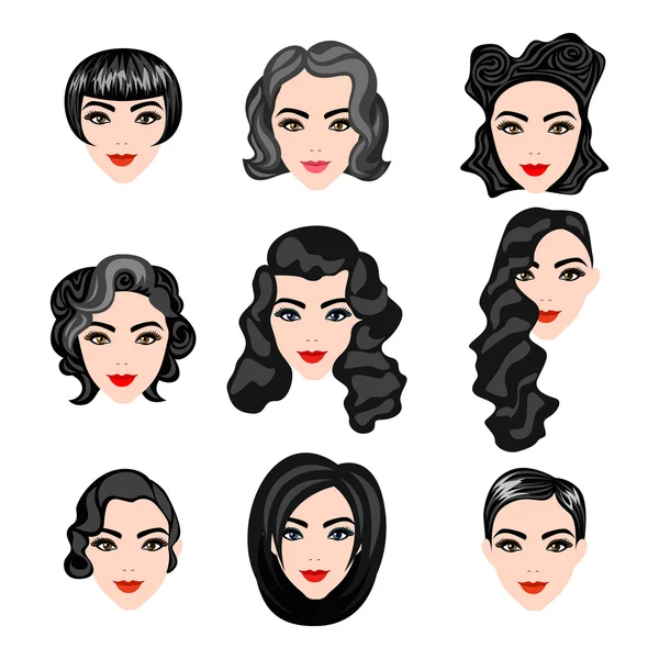 Kadın saç modelleri ile farklı yüzleri — Stok Vektör
