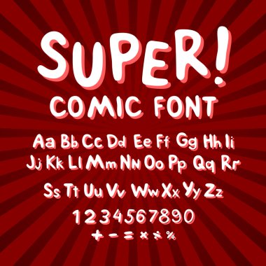 Creative comic font. Alphabet in style of comics, pop art. Multilayer funny red & chocolate  3d letters and figures on a yellow circular striped background. For kids' illustrations,  comics, banners