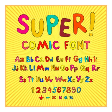 Creative comic font. Alphabet in style of comics, pop art. Multilayer funny red & chocolate  3d letters and figures on a yellow circular striped background. For kids' illustrations,  comics, banners