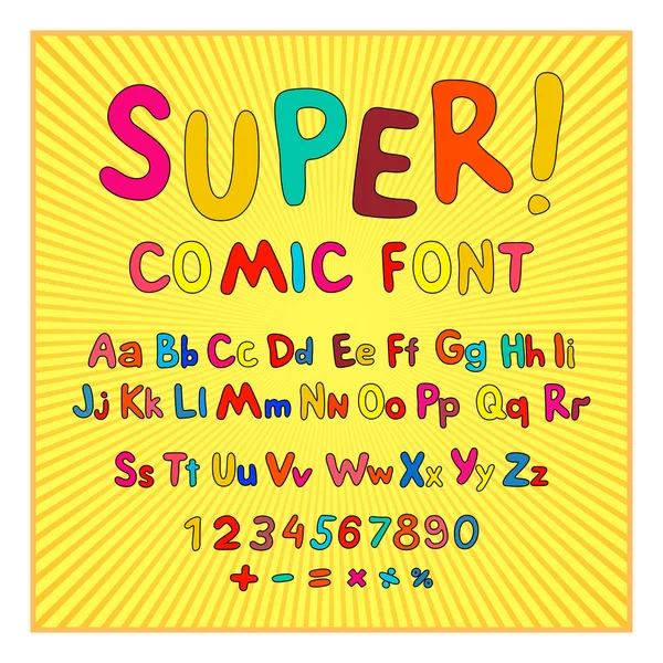 Kreatif font komik. Alfabet dalam gaya komik, seni pop. Multilayer funny red & chocolate 3d letters and figure on a yellow circular striped background. Untuk ilustrasi anak-anak, komik, spanduk - Stok Vektor