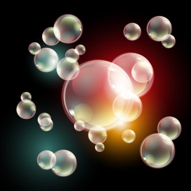 bubbles, eps10 Transparent multicolored soap bubbles vector set on black background. Sphere ball, design water and foam, aqua wash illustration
