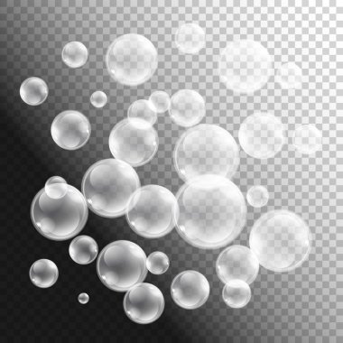 Transparent grey soap bubbles vector set on plaid background. Sphere ball, design water and foam, aqua wash illustration
