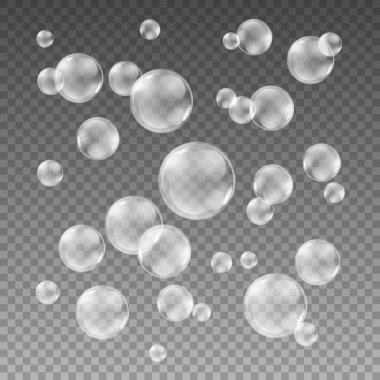 Transparent grey soap bubbles vector set on plaid background. Sphere ball, design water and foam, aqua wash illustration