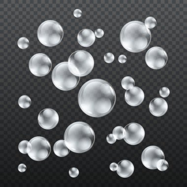 Transparent grey soap bubbles vector set on plaid background. Sphere ball, design water and foam, aqua wash illustration