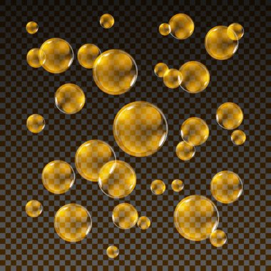 Şeffaf altın sabun köpüğü ekose arka plan sette vektör. Top, tasarım su ve köpük, su yıkama illüstrasyon Küre