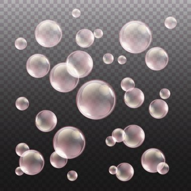 Şeffaf pembe sabun köpüğü ekose arka plan sette vektör. Top, tasarım su ve köpük, su yıkama illüstrasyon Küre