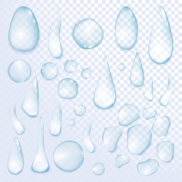 Pure clear water drops realistic set isolated vector illustration