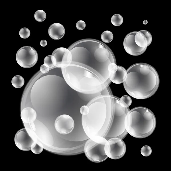 Вектор мыльных пузырей установлен на чёрном фоне. Шар, дизайн воды и пены, иллюстрация для аквамойки — стоковый вектор
