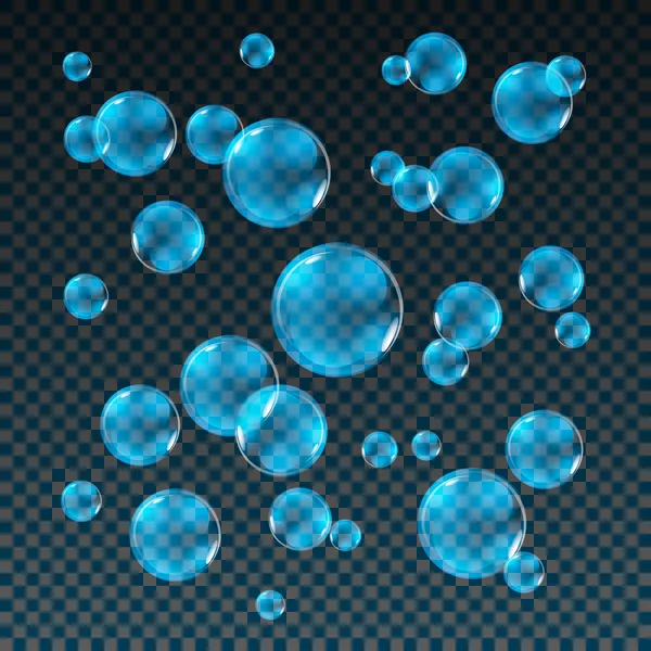 Transparente azul bolhas de sabão vetor definido no fundo xadrez. Bola de esfera, água de design e espuma, ilustração de lavagem de aqua —  Vetores de Stock