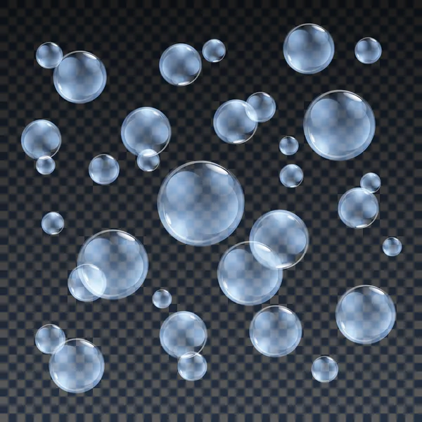 Transparente azul jabón burbujas vector conjunto sobre fondo escocés. Esfera bola, diseño de agua y espuma, aqua lavado ilustración — Archivo Imágenes Vectoriales