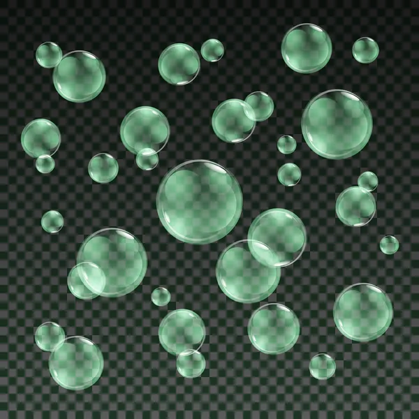 Transparent green soap bubbles vector set on plaid background. Sphere ball, design water and foam, aqua wash illustration — 图库矢量图片