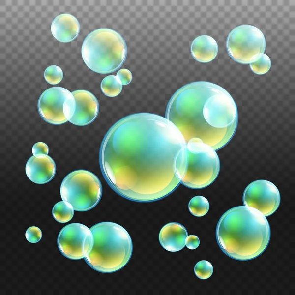Прозорий різнокольоровий вектор мильних бульбашок, встановлений на звичайному тлі. Куля сфери, дизайн води та піни, ілюстрація для миття акваріума — стоковий вектор