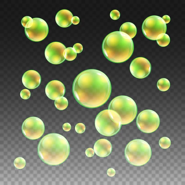 Transparent gold soap bubbles vector set on plaid background. Sphere ball, design water and foam, aqua wash illustration — Stock Vector