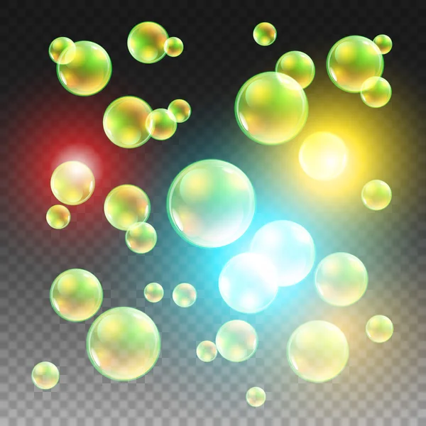 Transparente multicolorido bolhas de sabão vetor definido no fundo xadrez. Bola de esfera, água de design e espuma, ilustração de lavagem de aqua —  Vetores de Stock