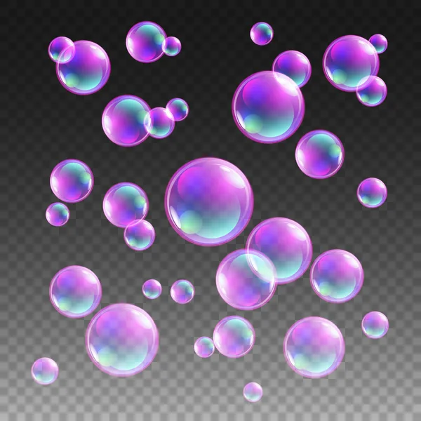Transparante veelkleurige zeepbellen vector set op de geruite achtergrond. Bol bal, ontwerp water en schuim, aqua wassen illustratie — Stockvector