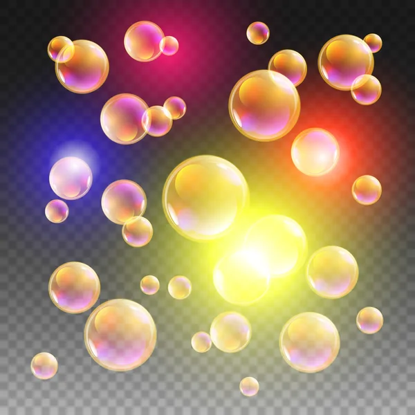 Transparente oro jabón burbujas vector conjunto sobre fondo a cuadros. Esfera bola, diseño de agua y espuma, aqua lavado ilustración — Archivo Imágenes Vectoriales