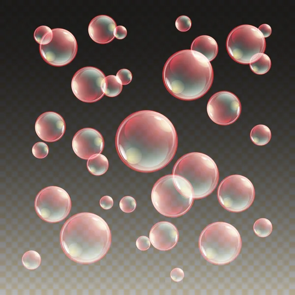 Transparente rosa sabão bolhas vetor definido no fundo xadrez. Bola de esfera, água de design e espuma, ilustração de lavagem de aqua —  Vetores de Stock