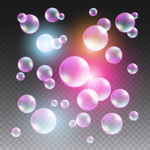 Transparentes burbujas de jabón multicolor conjunto de vectores sobre fondo a cuadros. Esfera bola, diseño de agua y espuma, aqua lavado ilustración — Vector de stock