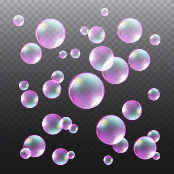 Transparentes burbujas de jabón multicolor conjunto de vectores sobre fondo a cuadros. Esfera bola, diseño de agua y espuma, aqua lavado ilustración — Vector de stock