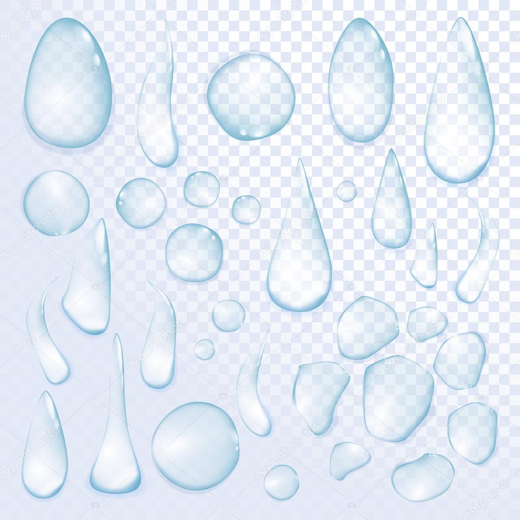 Pure clear water drops realistic set isolated vector illustration