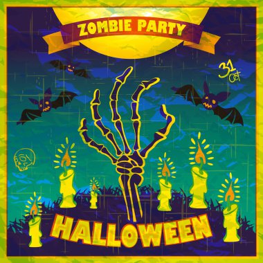 Cadılar Bayramı vektör çizim - zombi için davetiye ile yere ölü adamın kollarından parti