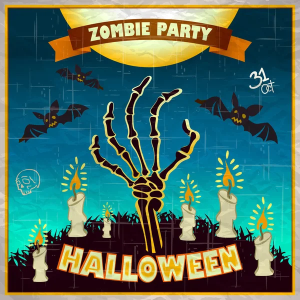 Halloween-Vektorillustration - Arme eines Toten aus dem Boden mit Einladung zur Zombie-Party — Stockvektor