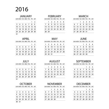Beyaz arka plan üzerinde 2016 için takvim. Hafta başlıyor Pazartesi. Basit vektör şablonu