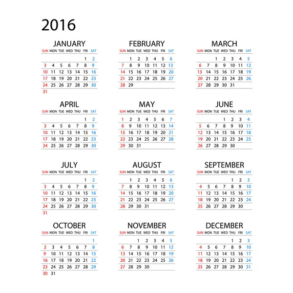 Kalendarz 2016 na białym tle. Tydzień zaczyna się od poniedziałku. Wektor prosty szablon — Wektor stockowy