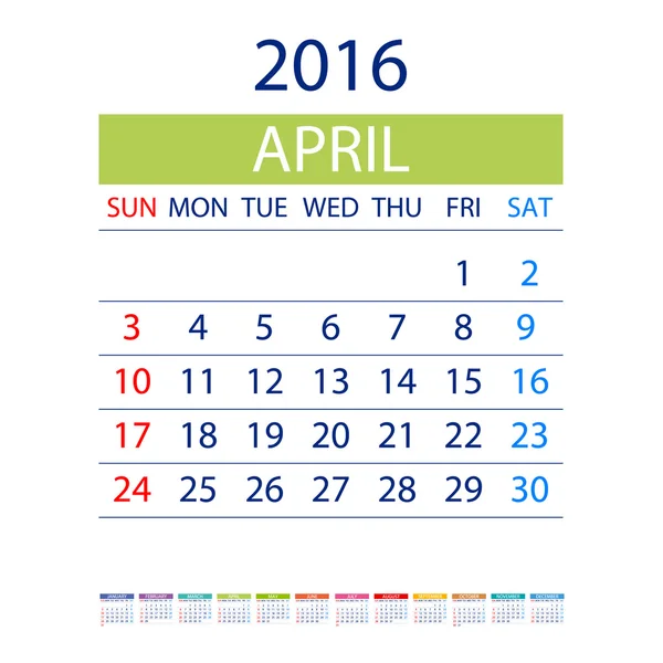 2016 calendar simple design vector date template month — ストックベクタ