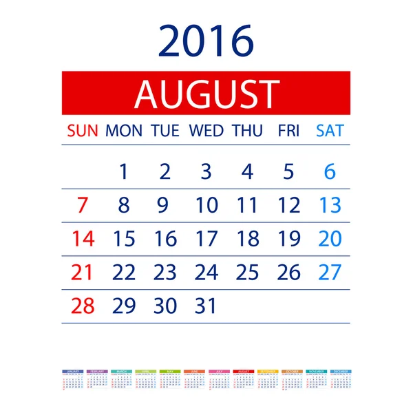 2016 calendário simples design vetor data modelo mês —  Vetores de Stock