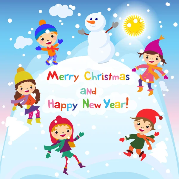 Fondo de Navidad vector brillante con muñeco de nieve divertido y los niños. Feliz año nuevo diseño de la postal con el niño y la niña disfrutando de las vacaciones. Nieve de invierno con efecto bokeh. Tarjeta 2016 — Archivo Imágenes Vectoriales