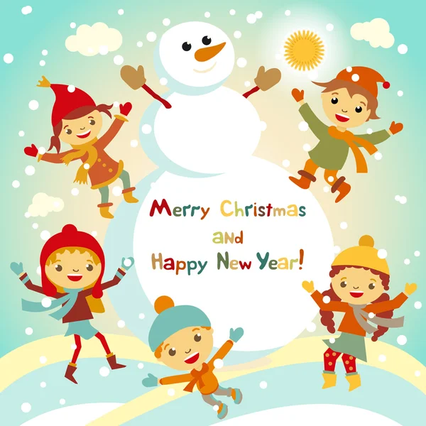 Fondo de Navidad vector brillante con muñeco de nieve divertido y los niños. Feliz año nuevo diseño de la postal con el niño y la niña disfrutando de las vacaciones. Nieve de invierno con efecto bokeh. Tarjeta 2016 — Vector de stock