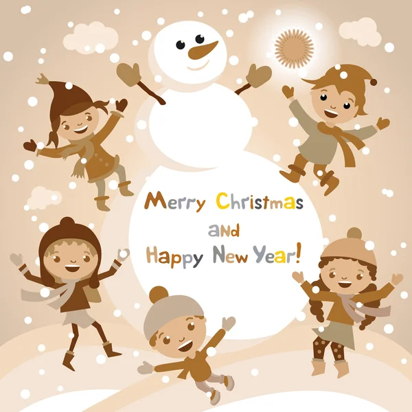 Fondo de Navidad vector brillante con muñeco de nieve divertido y los niños. Feliz año nuevo diseño de la postal con el niño y la niña disfrutando de las vacaciones. Nieve de invierno con efecto bokeh. Tarjeta 2016 — Vector de stock