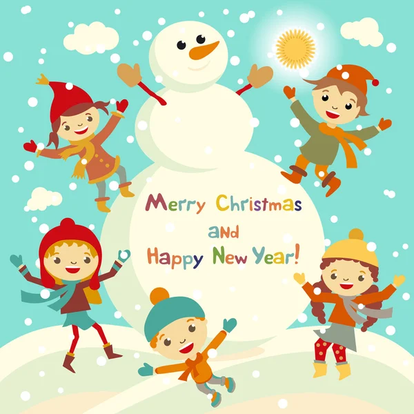 Shiny vector christmas background with funny snowman and children. Happy new year postcard design with boy and girl enjoying the holiday. Winter snow with bokeh effect. 2016 card — Stockvector