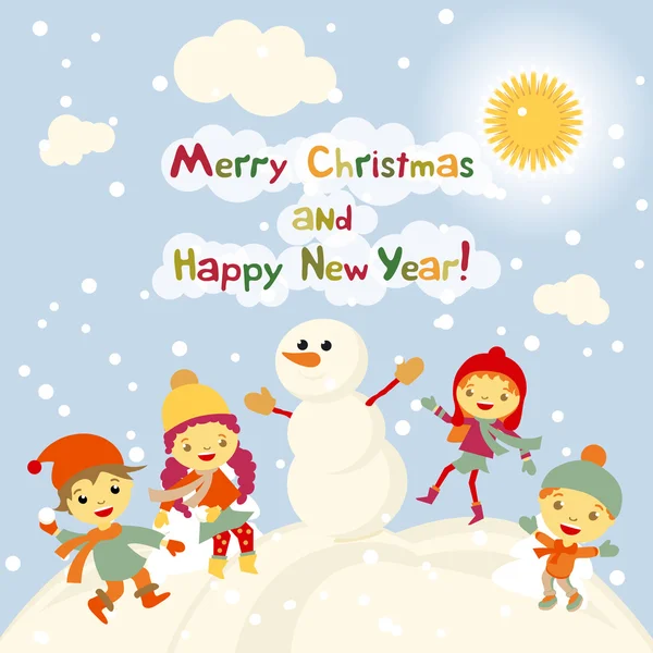 Блестящий векторный рождественский фон со смешным снеговиком и детьми. Поздравляем с Новым годом и Рождеством! Зимний снег с эффектом боке. Карта 2016 года — стоковый вектор