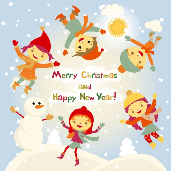 Блестящий векторный рождественский фон со смешным снеговиком и детьми. Поздравляем с Новым годом и Рождеством! Зимний снег с эффектом боке. Карта 2016 года — стоковый вектор