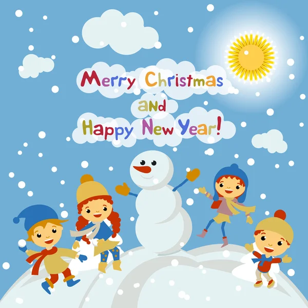 Shiny vector christmas background with funny snowman and children. Happy new year postcard design with boy and girl enjoying the holiday. Winter snow with bokeh effect. 2016 card — Stock Vector