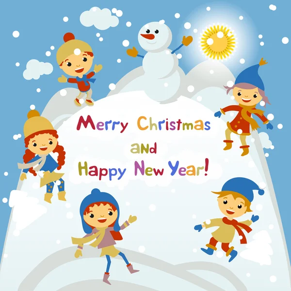 Fondo de Navidad vector brillante con muñeco de nieve divertido y los niños. Feliz año nuevo diseño de la postal con el niño y la niña disfrutando de las vacaciones. Nieve de invierno con efecto bokeh. Tarjeta 2016 — Vector de stock