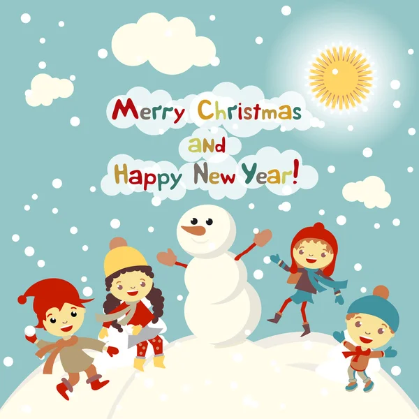 Shiny vector christmas background with funny snowman and children. Happy new year postcard design with boy and girl enjoying the holiday. Winter snow with bokeh effect. 2016 card — Wektor stockowy