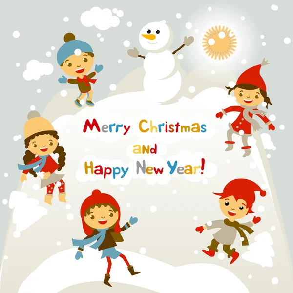 Fondo de Navidad vector brillante con muñeco de nieve divertido y los niños. Feliz año nuevo diseño de la postal con el niño y la niña disfrutando de las vacaciones. Nieve de invierno con efecto bokeh. Tarjeta 2016 — Vector de stock