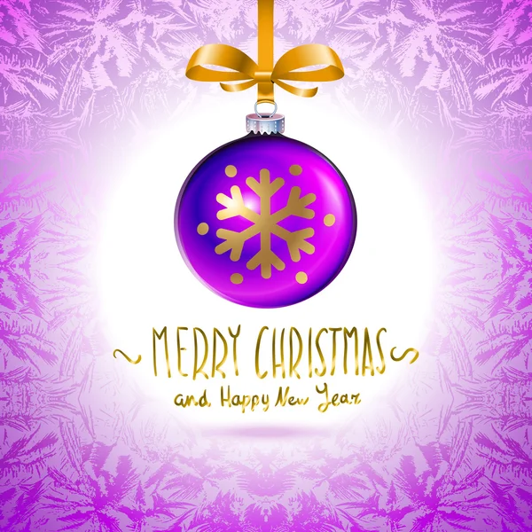 Illustrationsschablone mit einer einzigen glänzenden violetten Weihnachtskugel mit dem hellen hellen Farbhintergrund in den Ecken und mit Schatten darunter. — Stockvektor