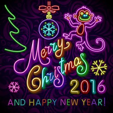 Vector Illustration of 2016 new year Outline neon light BAckground for Design, Website, Banner. Holiday party Element Template. Christmas tree toy Monkey. merry christmas and happy new year