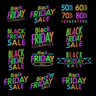 Black Friday Designs NEON | Retro Style Elements | Vintage Ornaments | Sale, Clearance | Vector Set | Black Friday retro light frame.