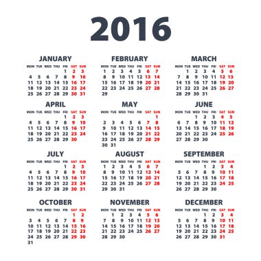 Beyaz arka plan üzerinde 2016 için takvim. Hafta başlıyor Pazartesi. Basit vektör şablonu
